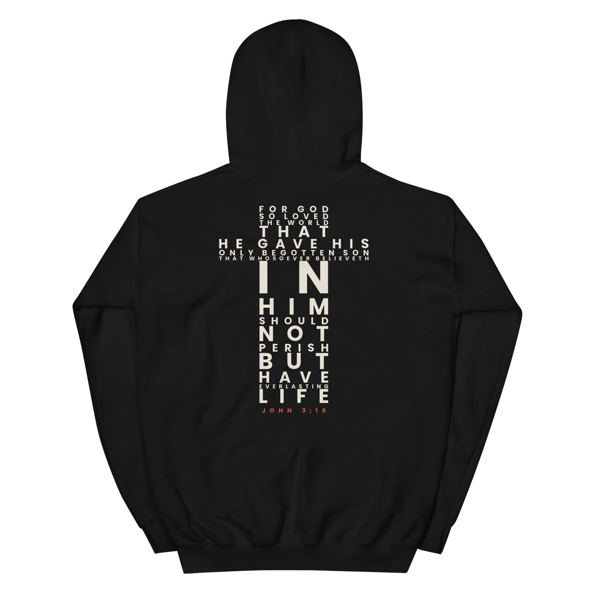 John 3:16 Scripture Cross Christian hoodie - black, back view with the full verse set in the shape of a cross