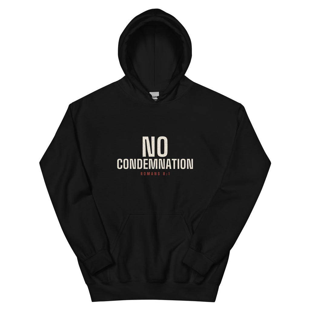 No Condemnation - Romans 8:1 Hoodie — black unisex hoodie with cream chest print, front view