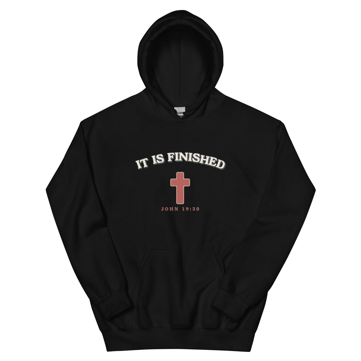 It Is Finished - Unisex Hoodie — black hoodie with John 19:30 cross print, front view