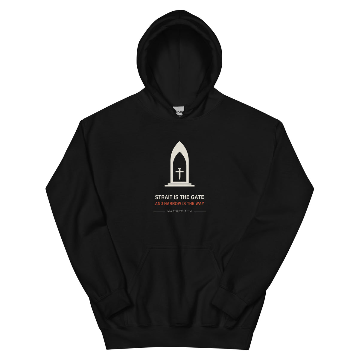 The Narrow Gate Hoodie — black unisex hoodie with Matthew 7:14 gate and cross print, front view