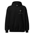 Black PureBred Faith hoodie, front view, with the three-nail cross and John 3:16 printed on the left chest