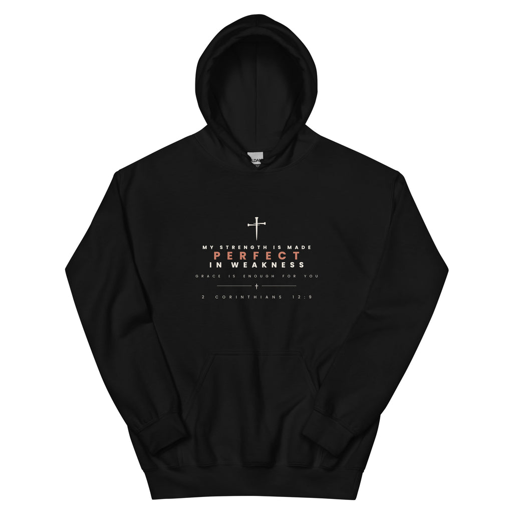 2 Corinthians 12:9 Made Perfect In Weakness black hoodie, front view - PureBred Faith