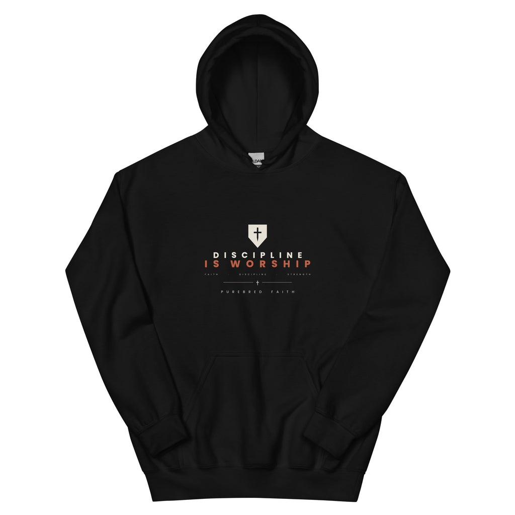 Discipline Is Worship black hoodie, front view - PureBred Faith