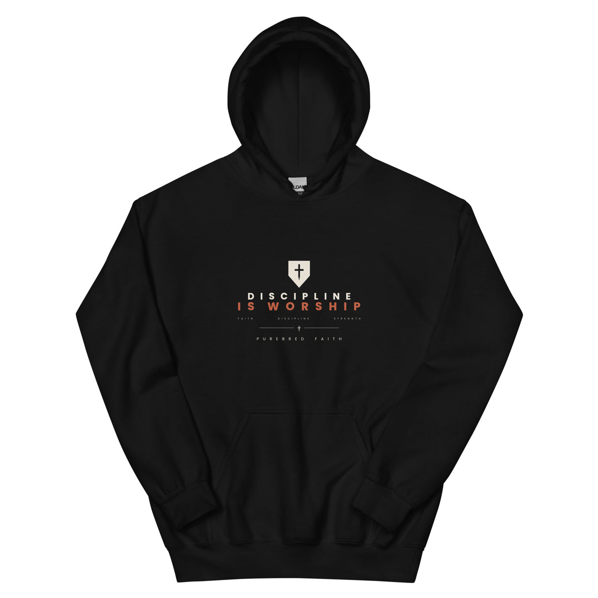 Discipline Is Worship black hoodie, front view - PureBred Faith