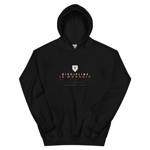 Discipline Is Worship black hoodie, front view - PureBred Faith