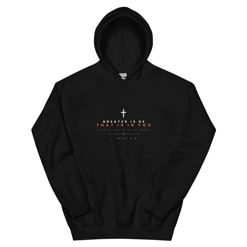 Greater Is He 1 John 4:4 black hoodie, front view - PureBred Faith