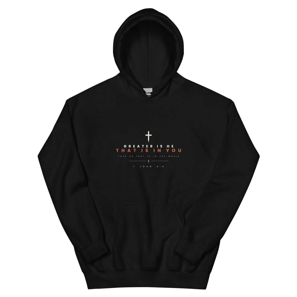 Greater Is He 1 John 4:4 black hoodie, front view - PureBred Faith