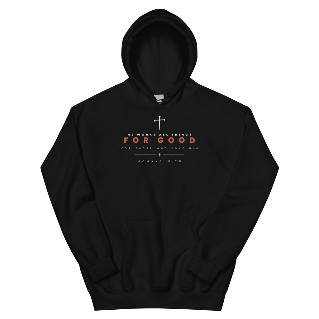 Romans 8:28 He Works All Things For Good black hoodie, front view - PureBred Faith