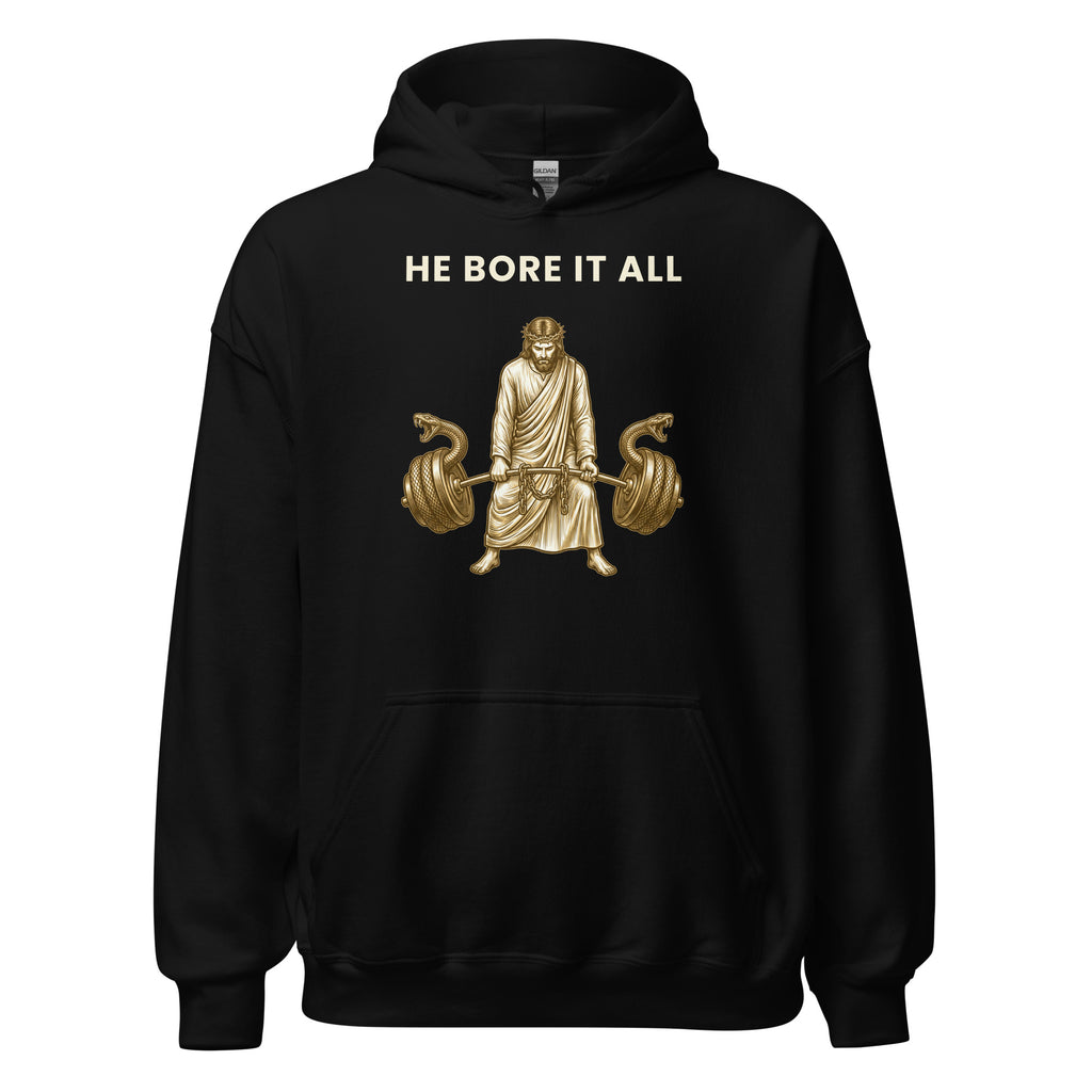 He Bore It All gold lifting hoodie by PureBred Faith, black, front