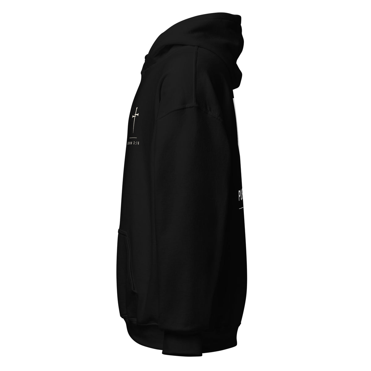 Black PureBred Faith hoodie, left side view