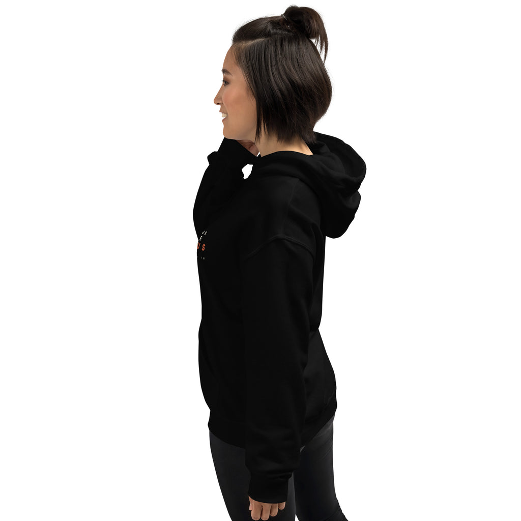 Romans 8:31 black hoodie worn, left side - PureBred Faith