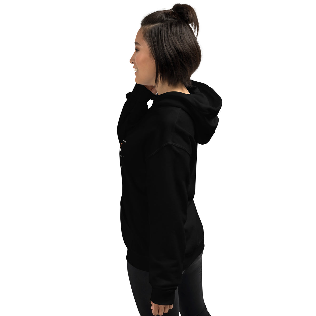 2 Corinthians 12:9 black hoodie worn, left side - PureBred Faith