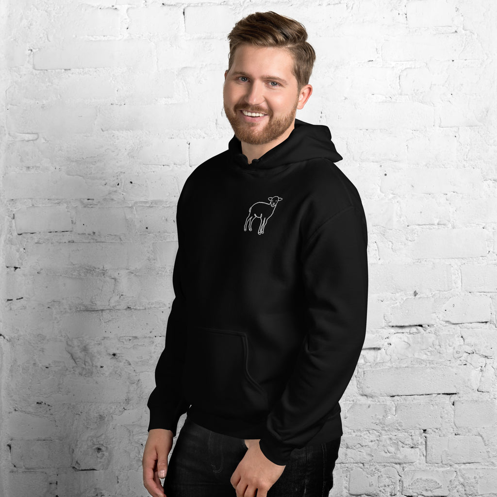 He Shepherds Us Through - Unisex Hoodie — black unisex hoodie, left three-quarter view