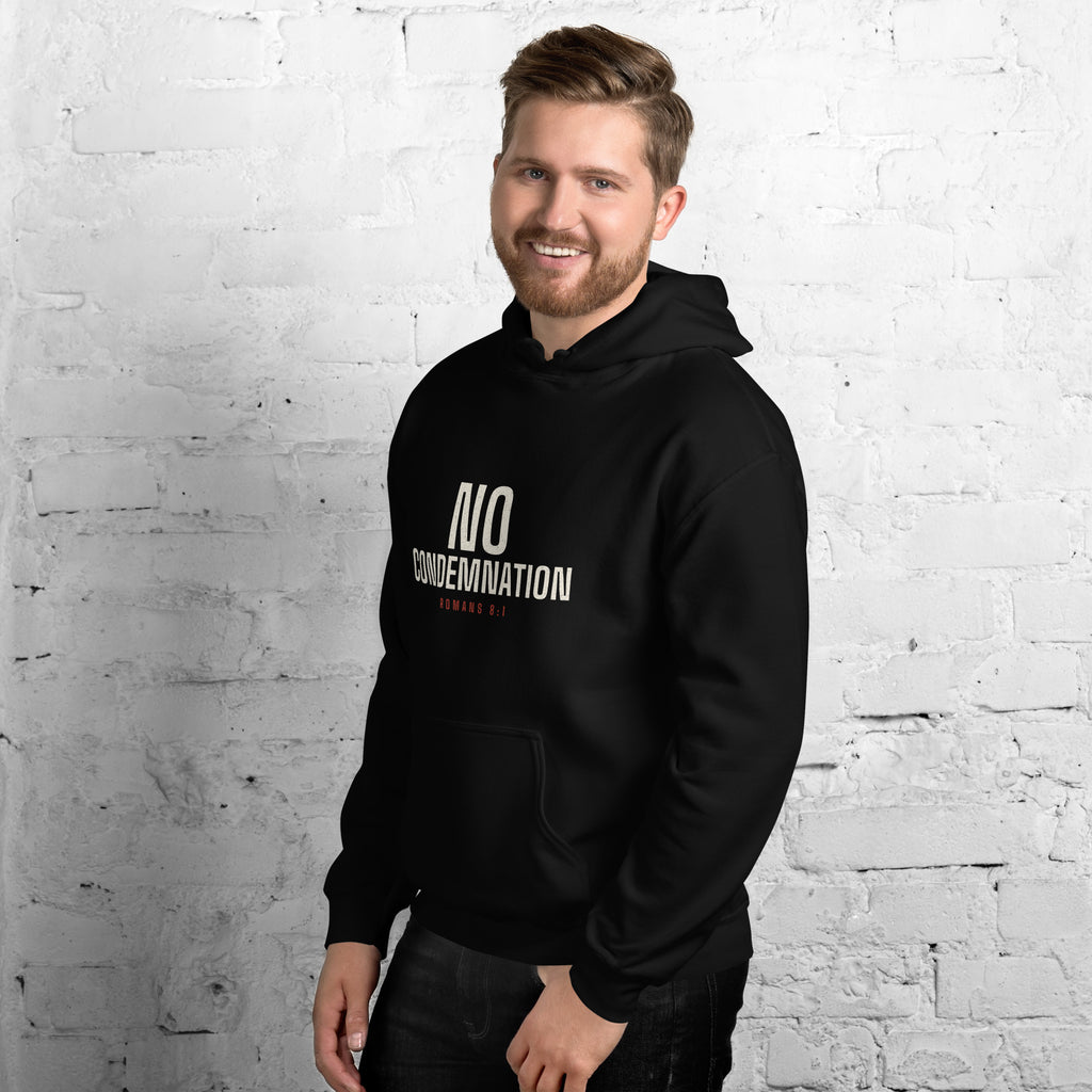 Man wearing the No Condemnation Romans 8:1 black hoodie, three-quarter view
