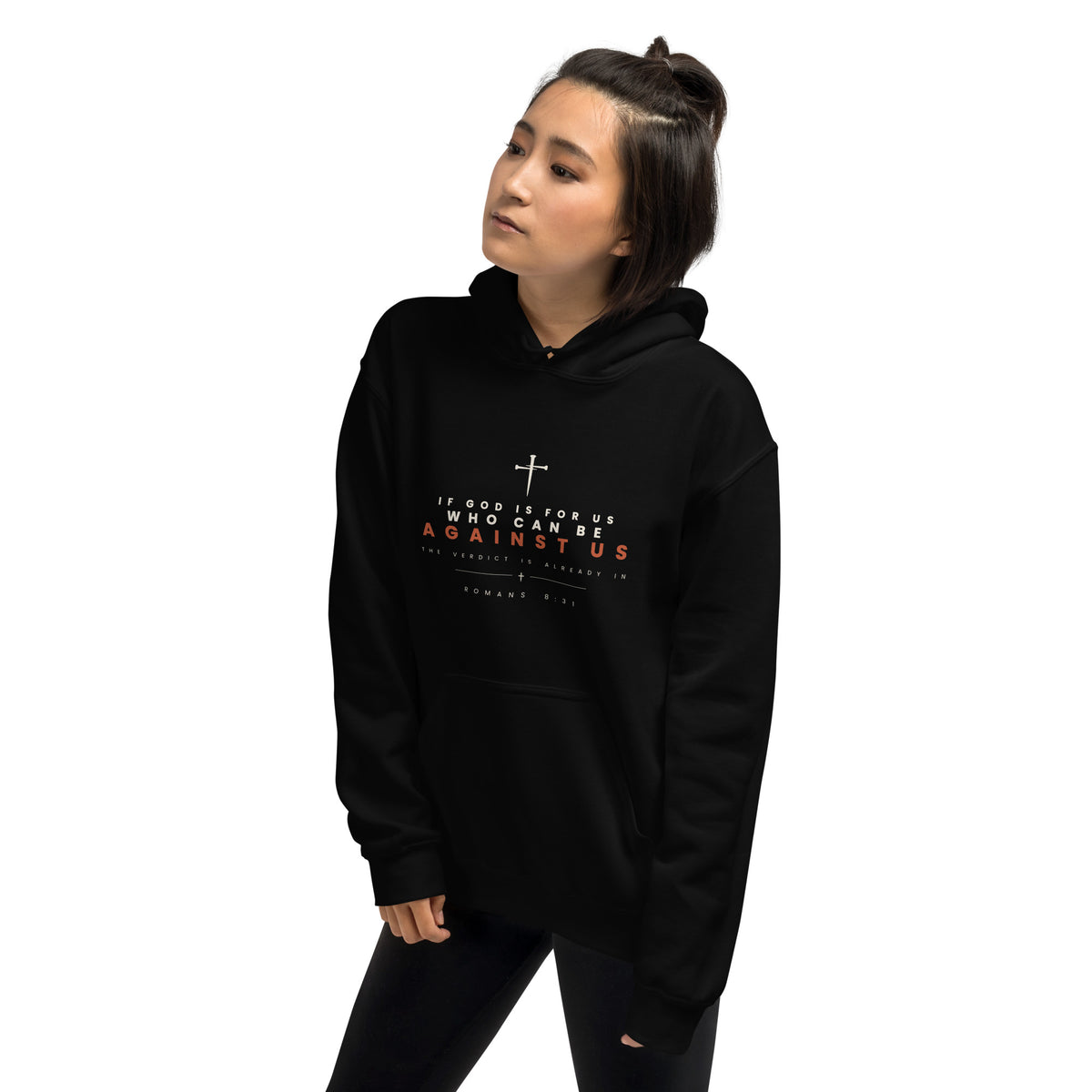Romans 8:31 black hoodie worn, left front angle - PureBred Faith