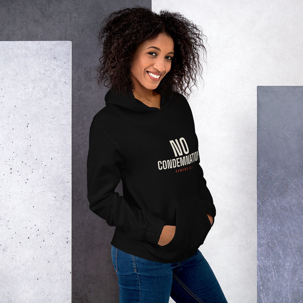 Woman wearing the No Condemnation Romans 8:1 black hoodie with cream chest print, front view
