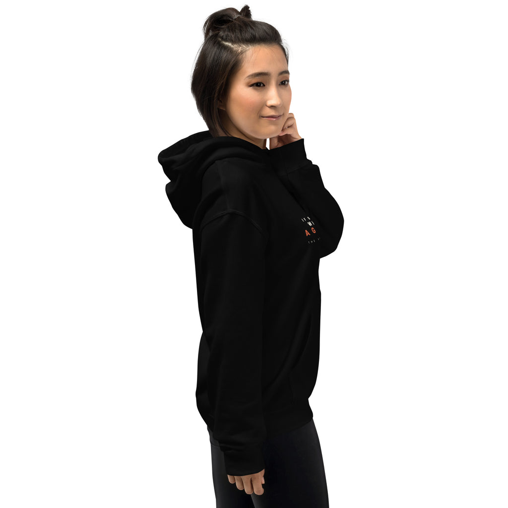 Romans 8:31 black hoodie worn, right side - PureBred Faith