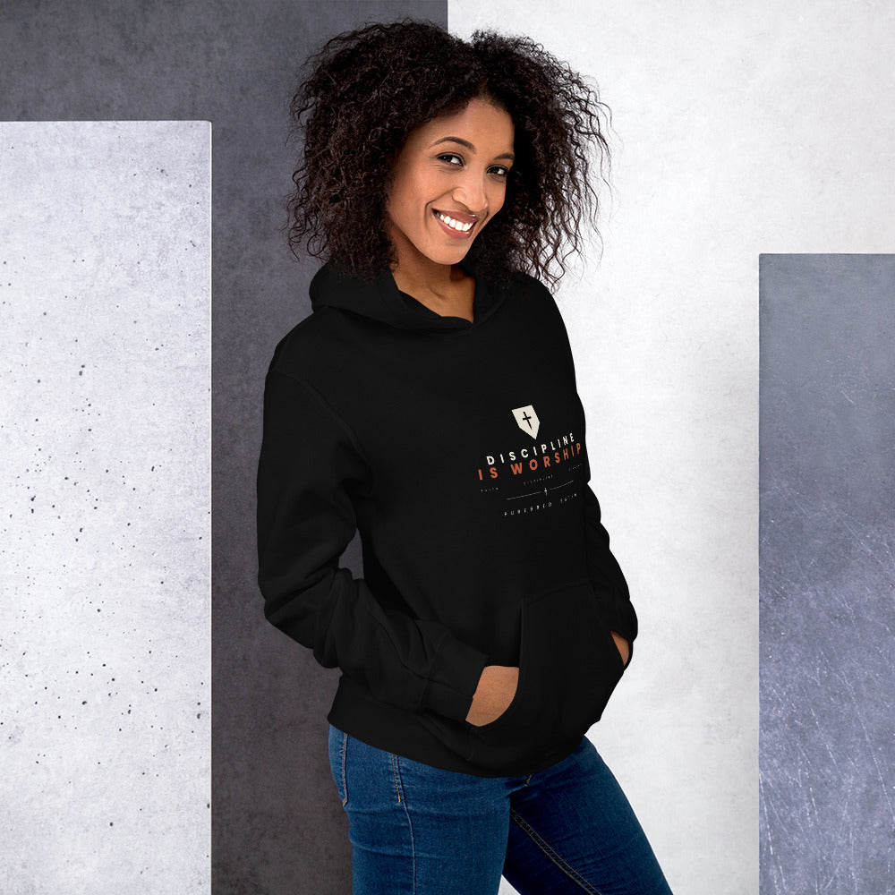 Discipline Is Worship black hoodie worn, right side