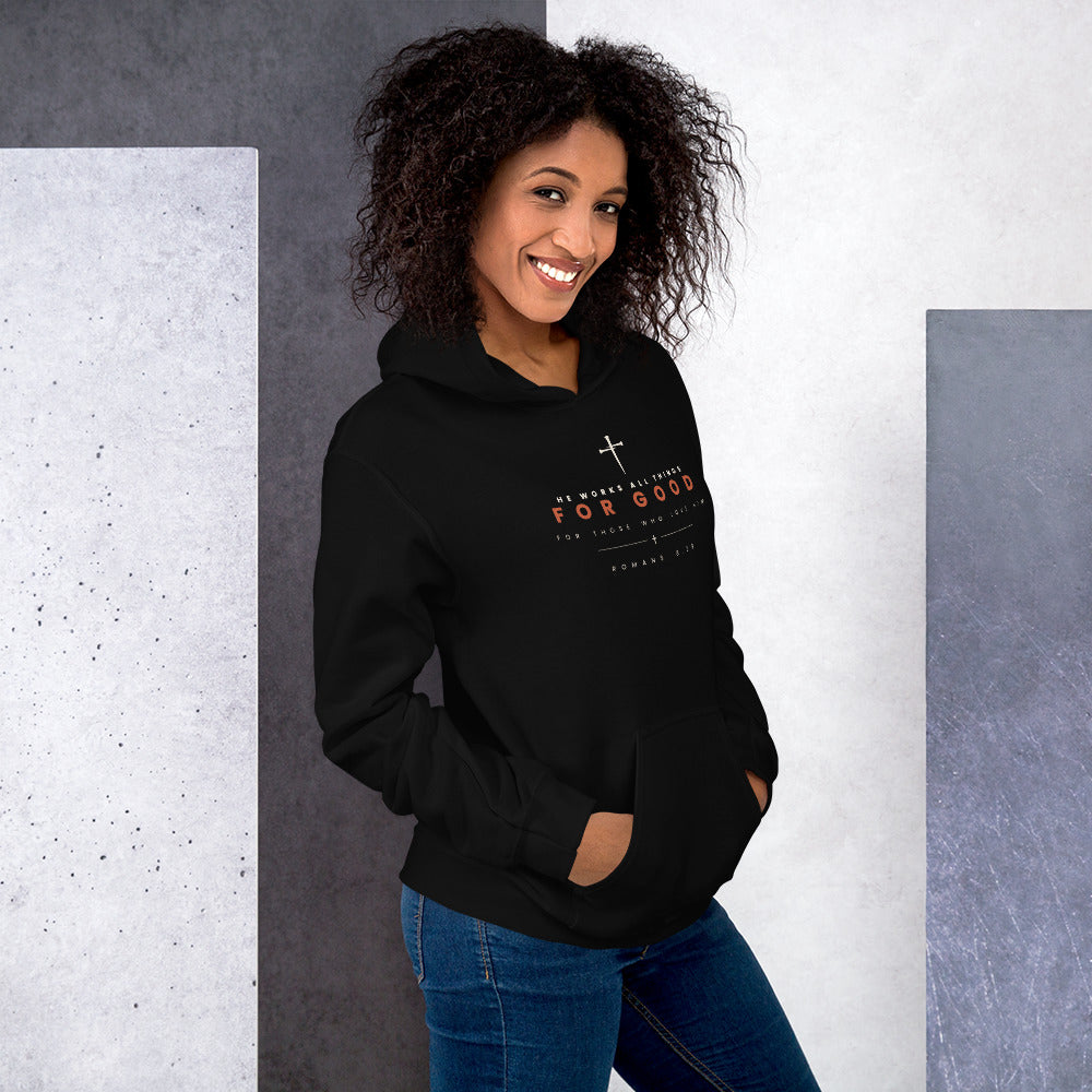 Romans 8:28 black hoodie worn, right side