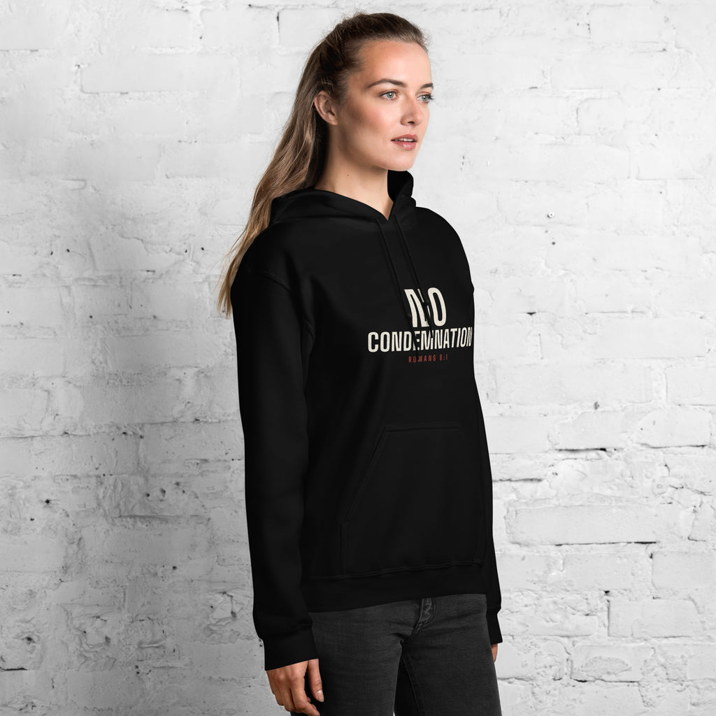 Woman wearing the No Condemnation Romans 8:1 black hoodie, three-quarter view