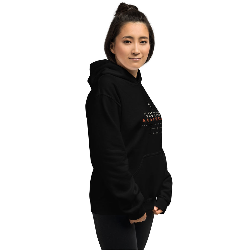 Romans 8:31 black hoodie, right front angle - PureBred Faith