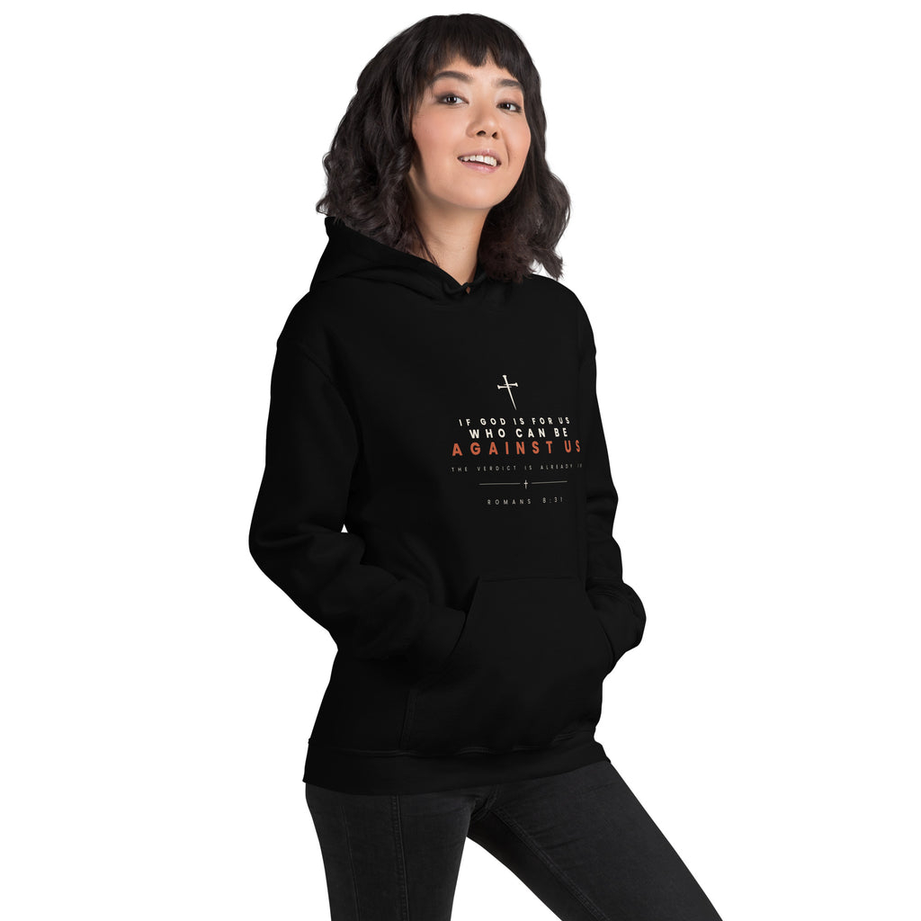 Romans 8:31 black hoodie lifestyle, right front - PureBred Faith