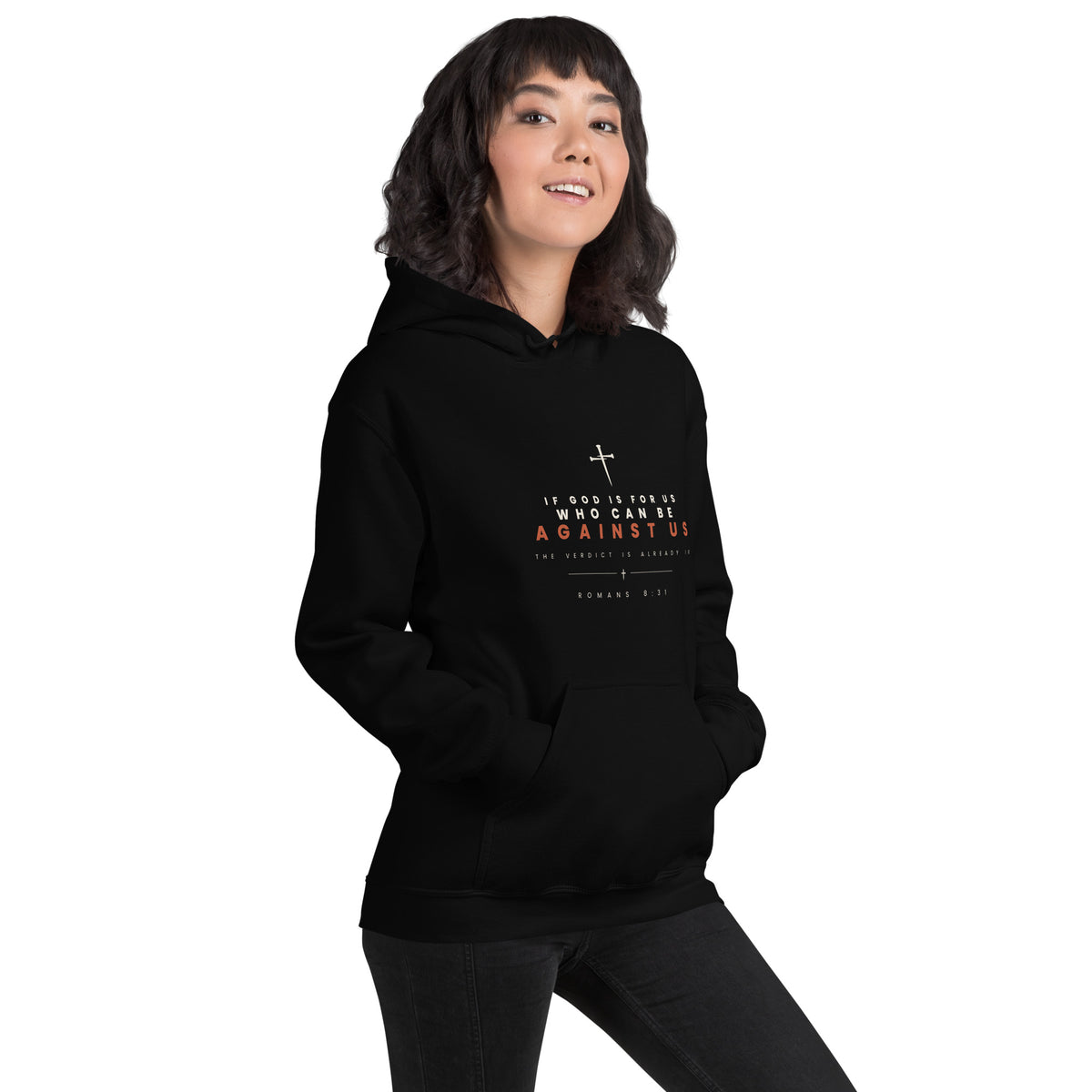 Romans 8:31 black hoodie lifestyle, right front - PureBred Faith