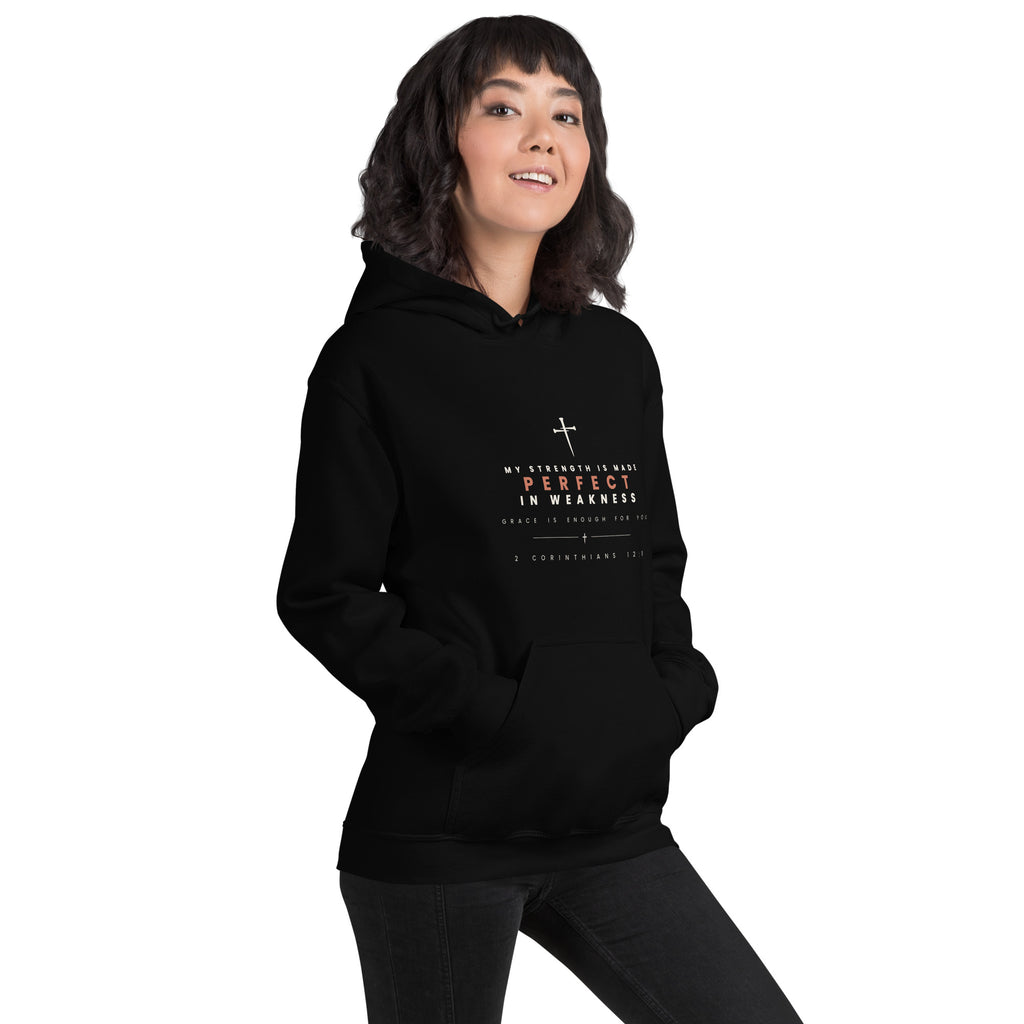 2 Corinthians 12:9 black hoodie lifestyle, right front - PureBred Faith