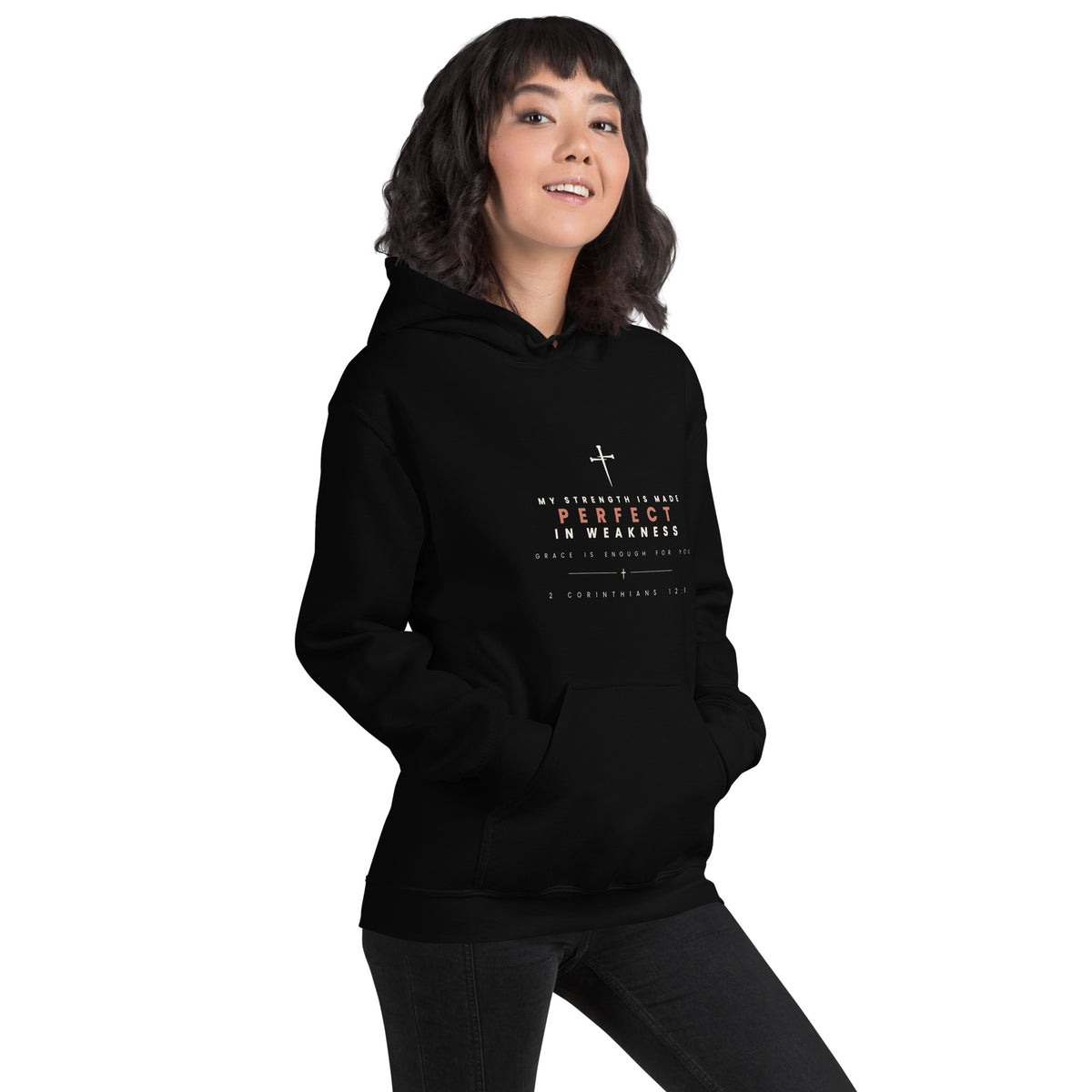 2 Corinthians 12:9 black hoodie lifestyle, right front - PureBred Faith