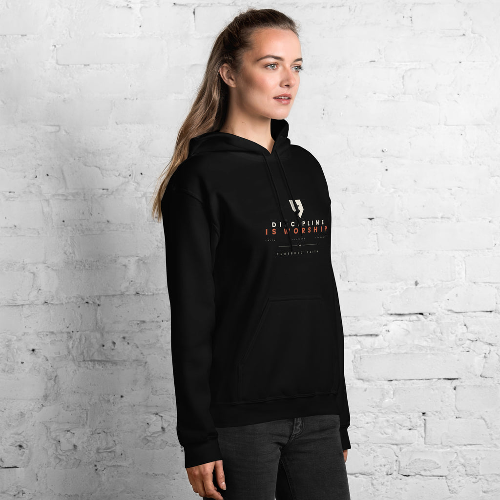 Discipline Is Worship black hoodie worn, right front angle