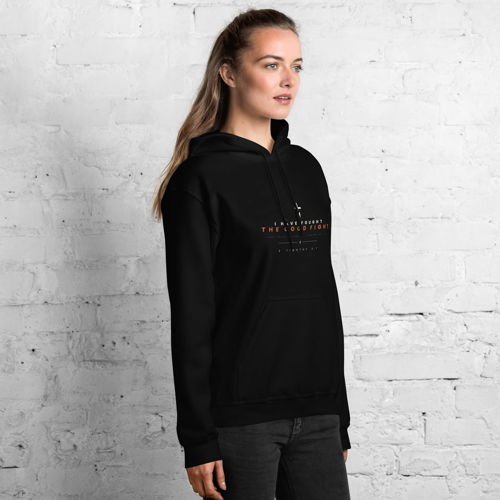 2 Timothy 4:7 black hoodie worn, right front angle