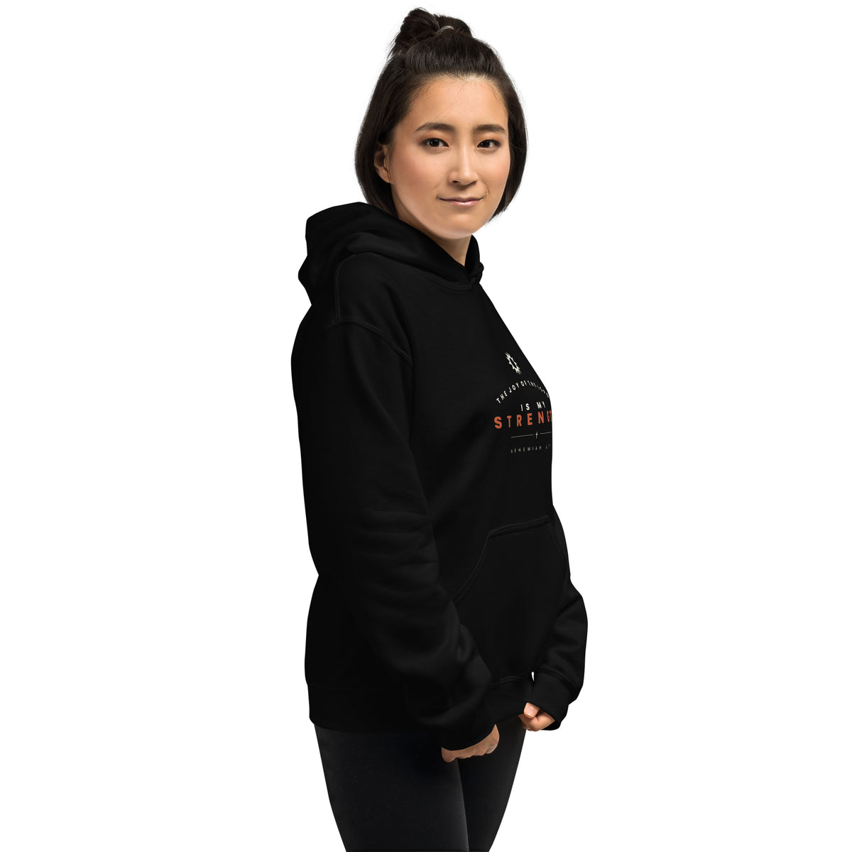 Nehemiah 8:10 black hoodie lifestyle, right front