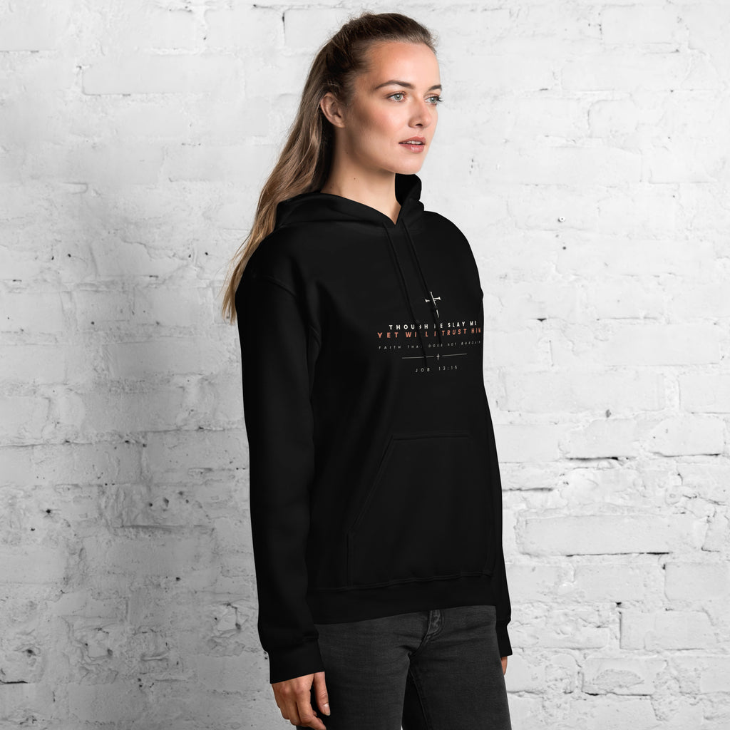Job 13:15 black hoodie worn, right front angle