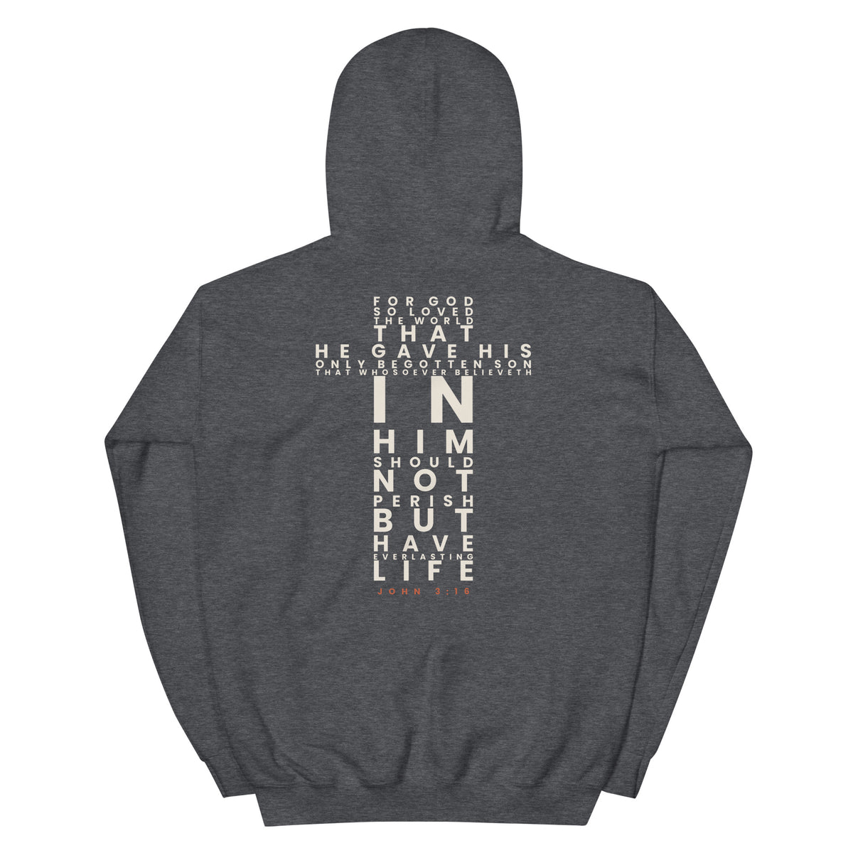 John 3:16 Scripture Cross Christian hoodie - dark heather, back view with the full verse set in the shape of a cross