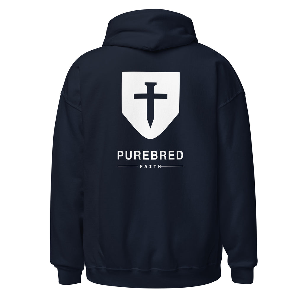 Back of the navy PureBred Faith hoodie showing the cross shield logo and PureBred Faith wordmark