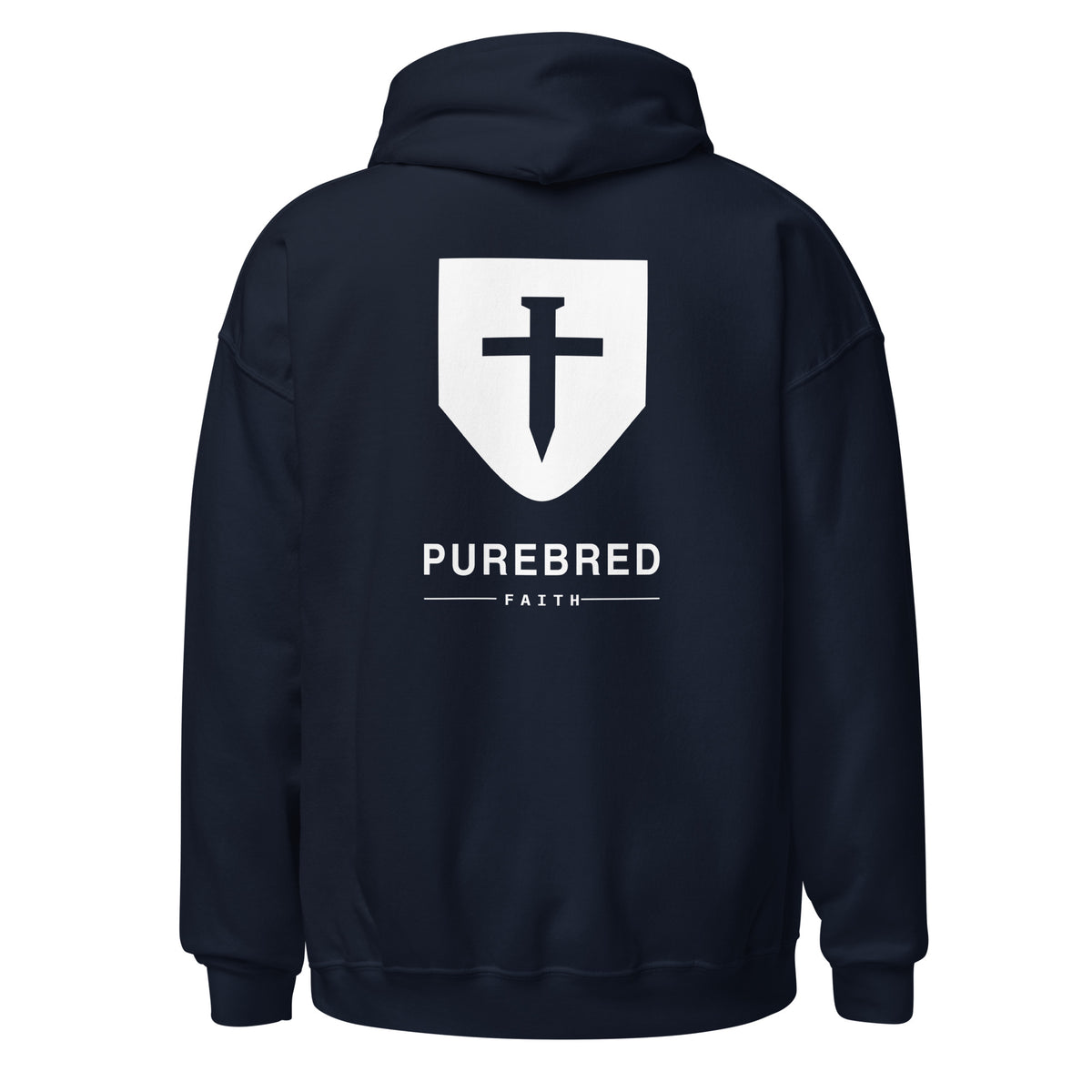 Back of the navy PureBred Faith hoodie showing the cross shield logo and PureBred Faith wordmark