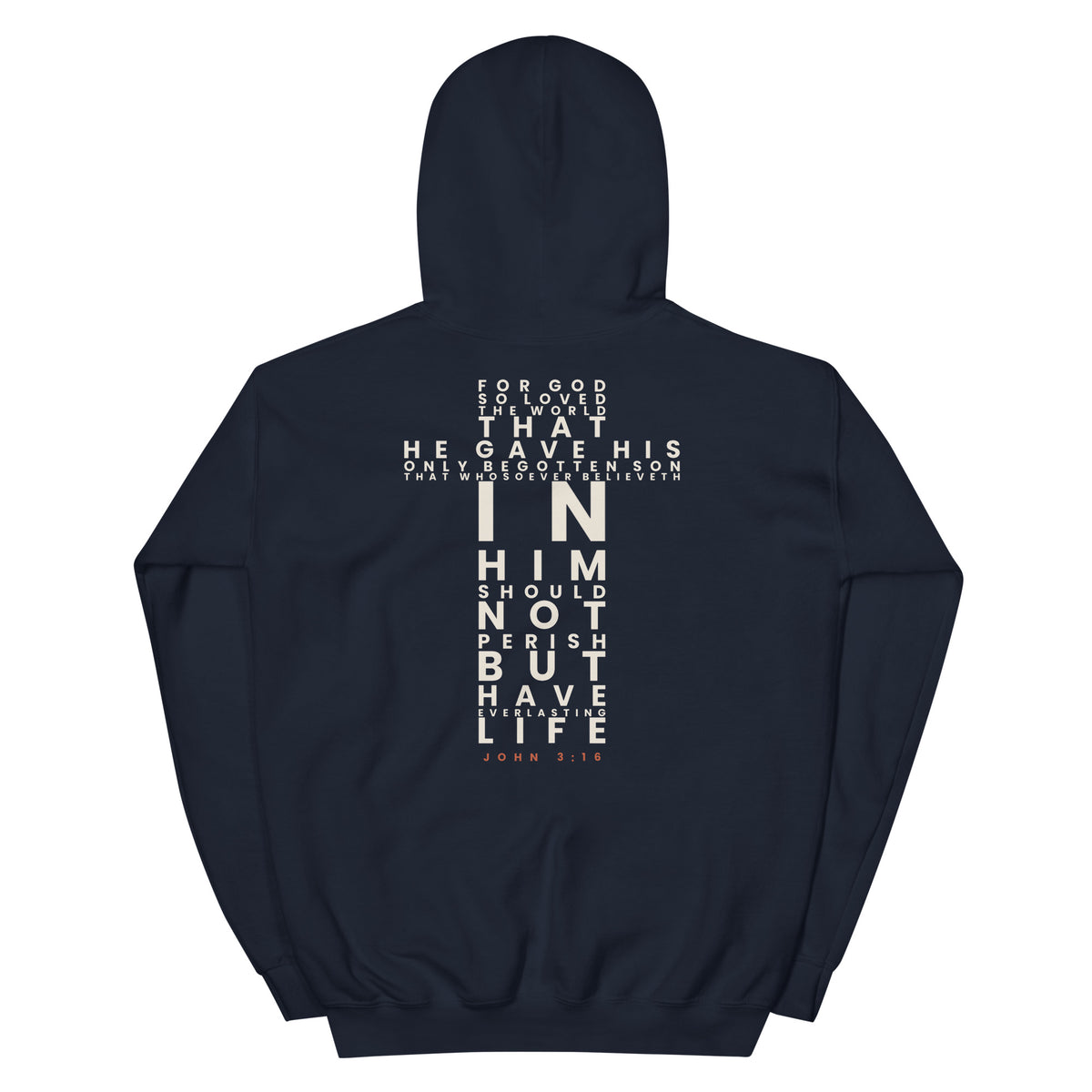 John 3:16 Scripture Cross Christian hoodie - navy, back view with the full verse set in the shape of a cross
