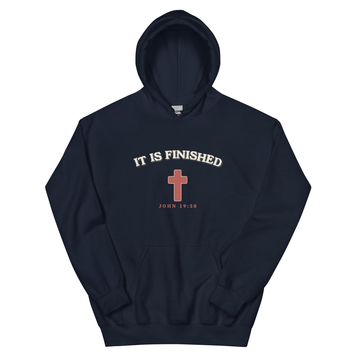 It Is Finished - Unisex Hoodie — navy hoodie with John 19:30 cross print, front view