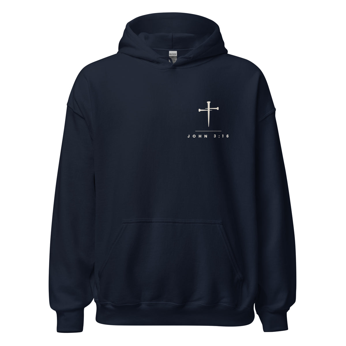 Navy PureBred Faith hoodie, front view, with the three-nail cross and John 3:16 on the left chest