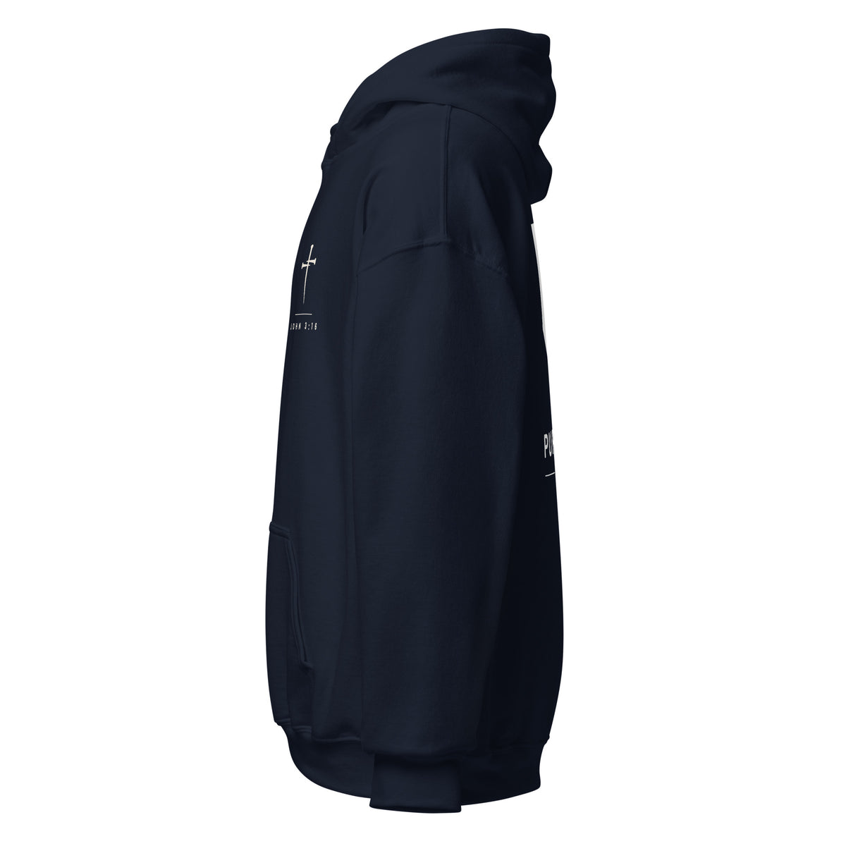 Navy PureBred Faith hoodie, left side view