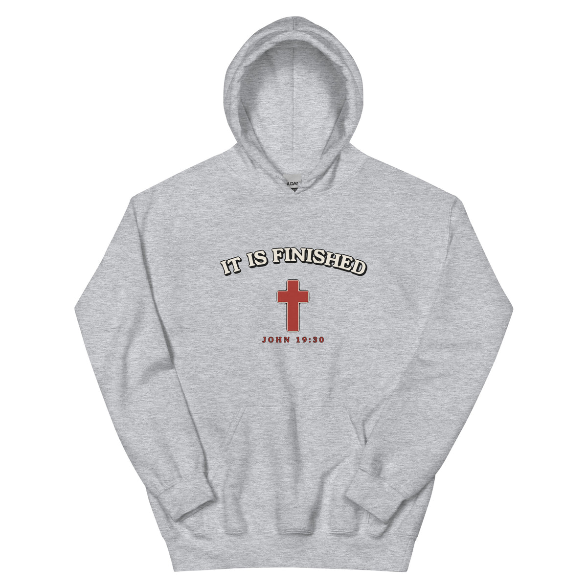 It Is Finished - Unisex Hoodie — sport grey hoodie with John 19:30 cross print, front view