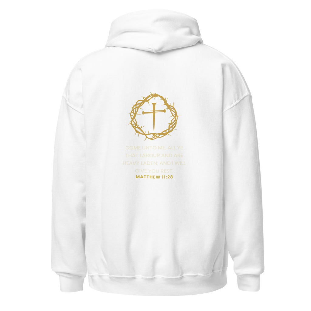 He Bore It All hoodie back with crown and cross mark and Matthew 11:28, white