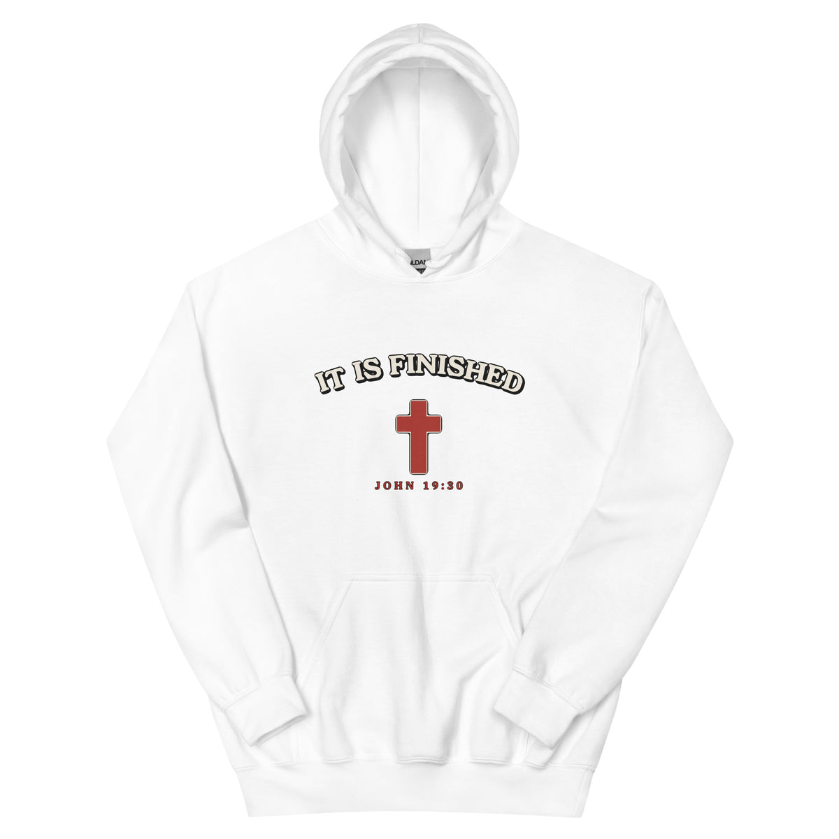 It Is Finished - Unisex Hoodie — white hoodie with John 19:30 cross print, front view