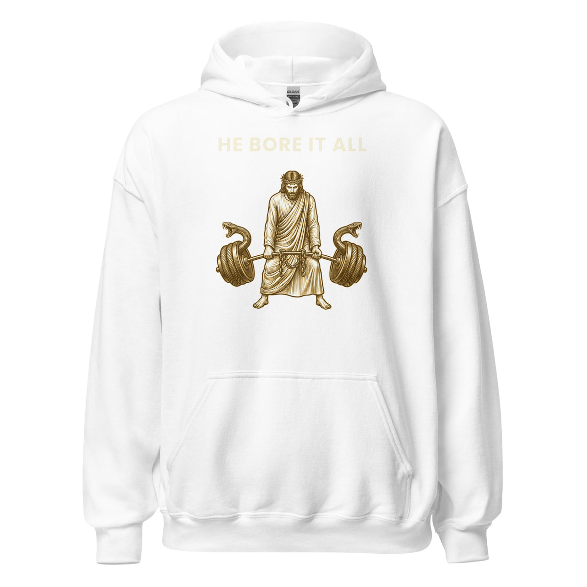 He Bore It All gold lifting hoodie by PureBred Faith, white, front