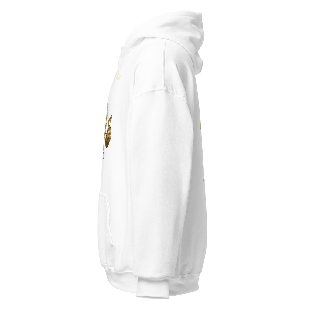He Bore It All gold lifting hoodie by PureBred Faith, white, left side