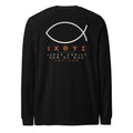 Back of a black long sleeve tee with a large cream ichthys fish above IXOYE in rust and Jesus Christ Son of God Saviour beneath