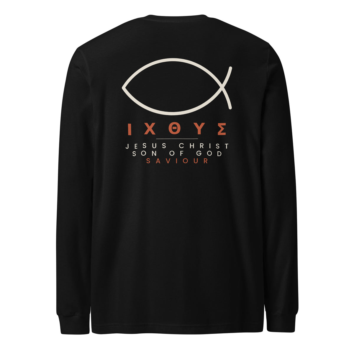 Back of a black long sleeve tee with a large cream ichthys fish above IXOYE in rust and Jesus Christ Son of God Saviour beneath
