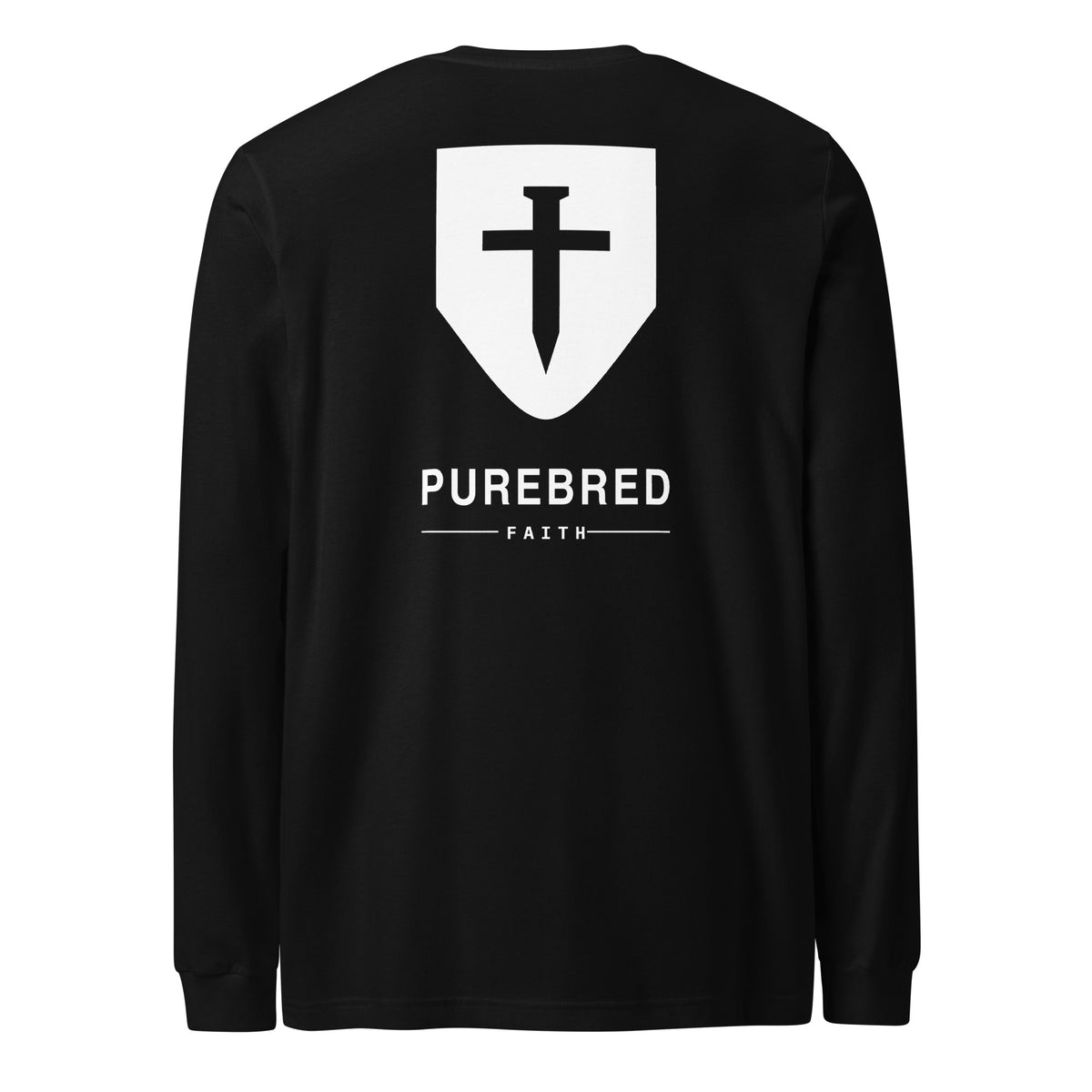 Back of the black long sleeve tee with the white PureBred Faith shield and cross above the PUREBRED FAITH wordmark