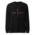 Black long sleeve tee with a cream cross above HE WORKS ALL THINGS and FOR GOOD in rust, Romans 8:28 beneath