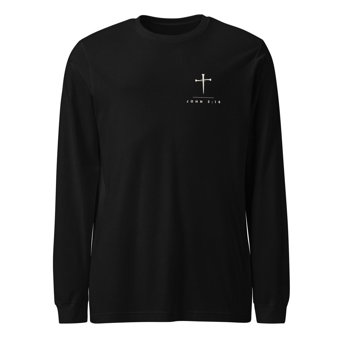 Black long sleeve tee with a small cream three-nail cross and JOHN 3:16 on the wearer's left chest